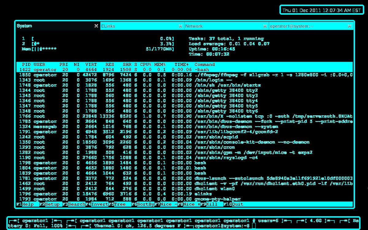 Cyan terminal session filled with a live process table and system monitors on a black screen