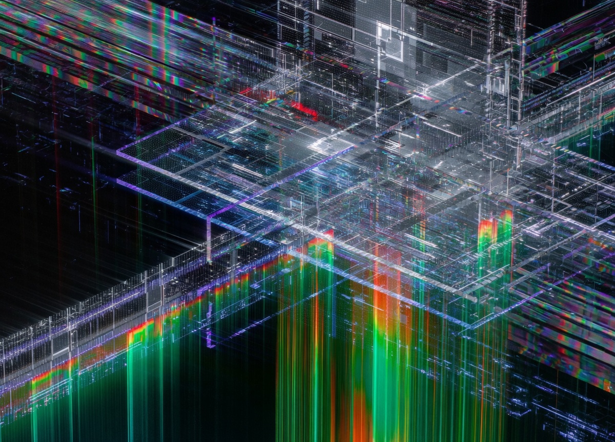 Glitched wireframe architecture dissolving into vertical bands of green and orange light
