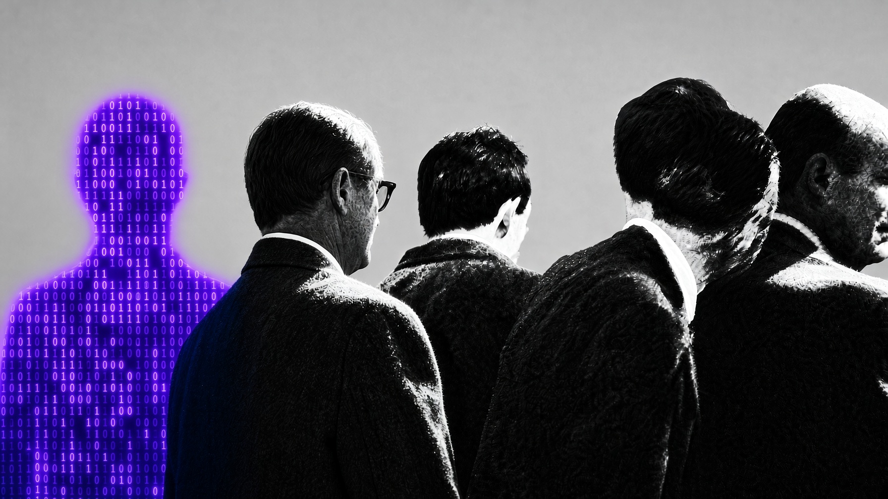 A glowing figure made of binary code standing beside a row of suited men seen from behind