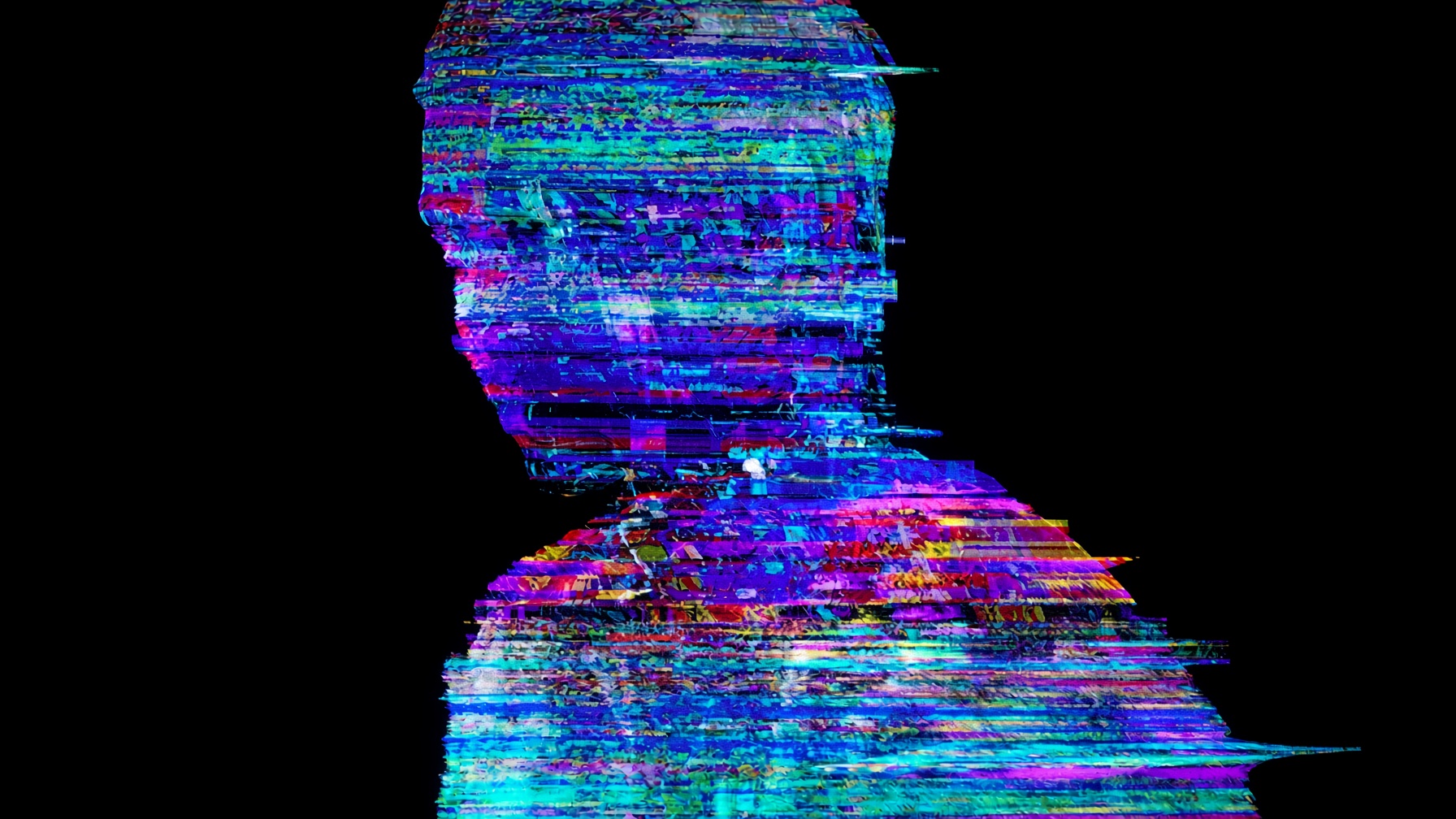 Silhouette of a person broken into glitching bands of color, evoking behavior lost in compression