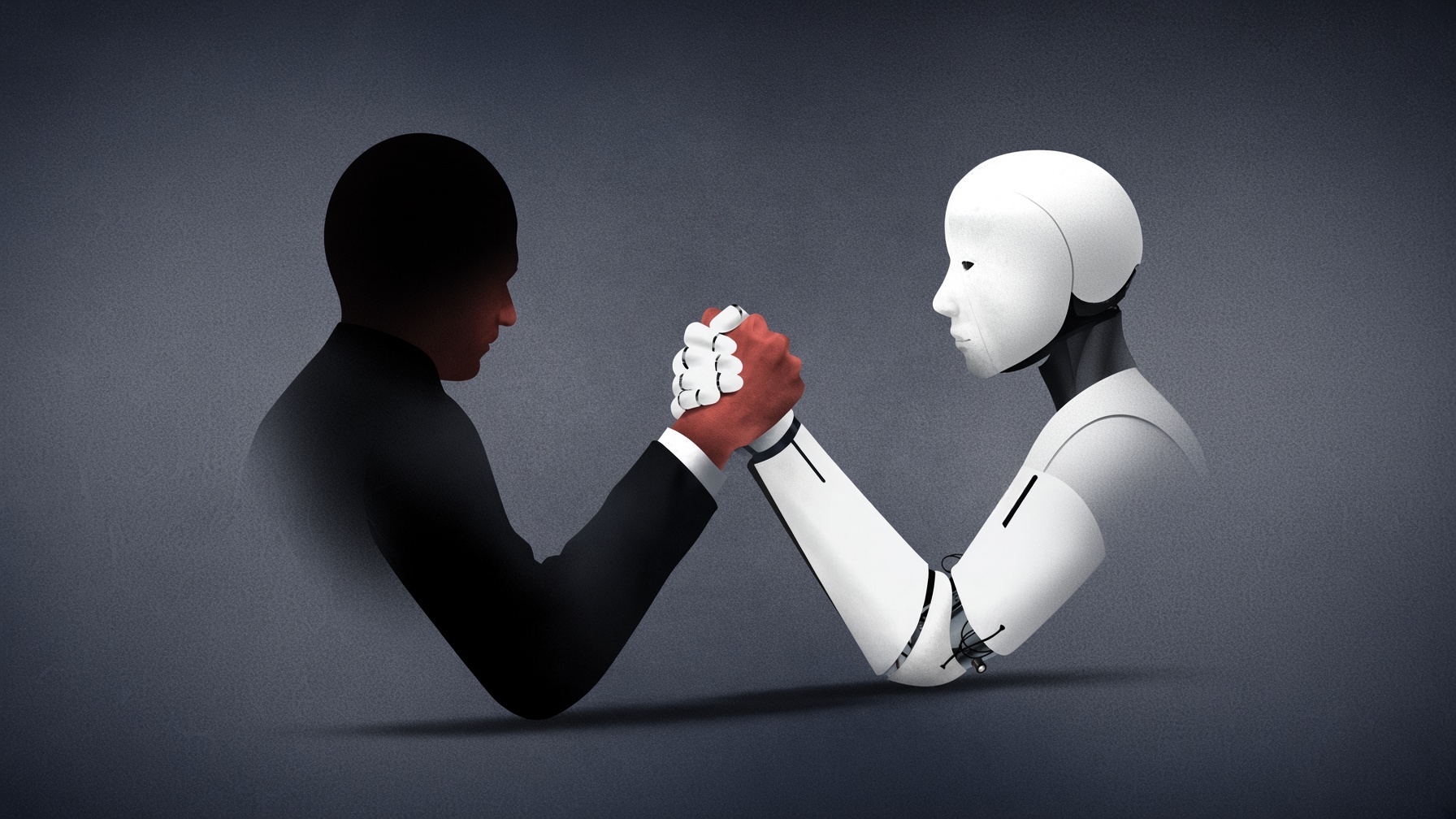 Illustration of a human and a humanoid robot arm wrestling, evenly matched