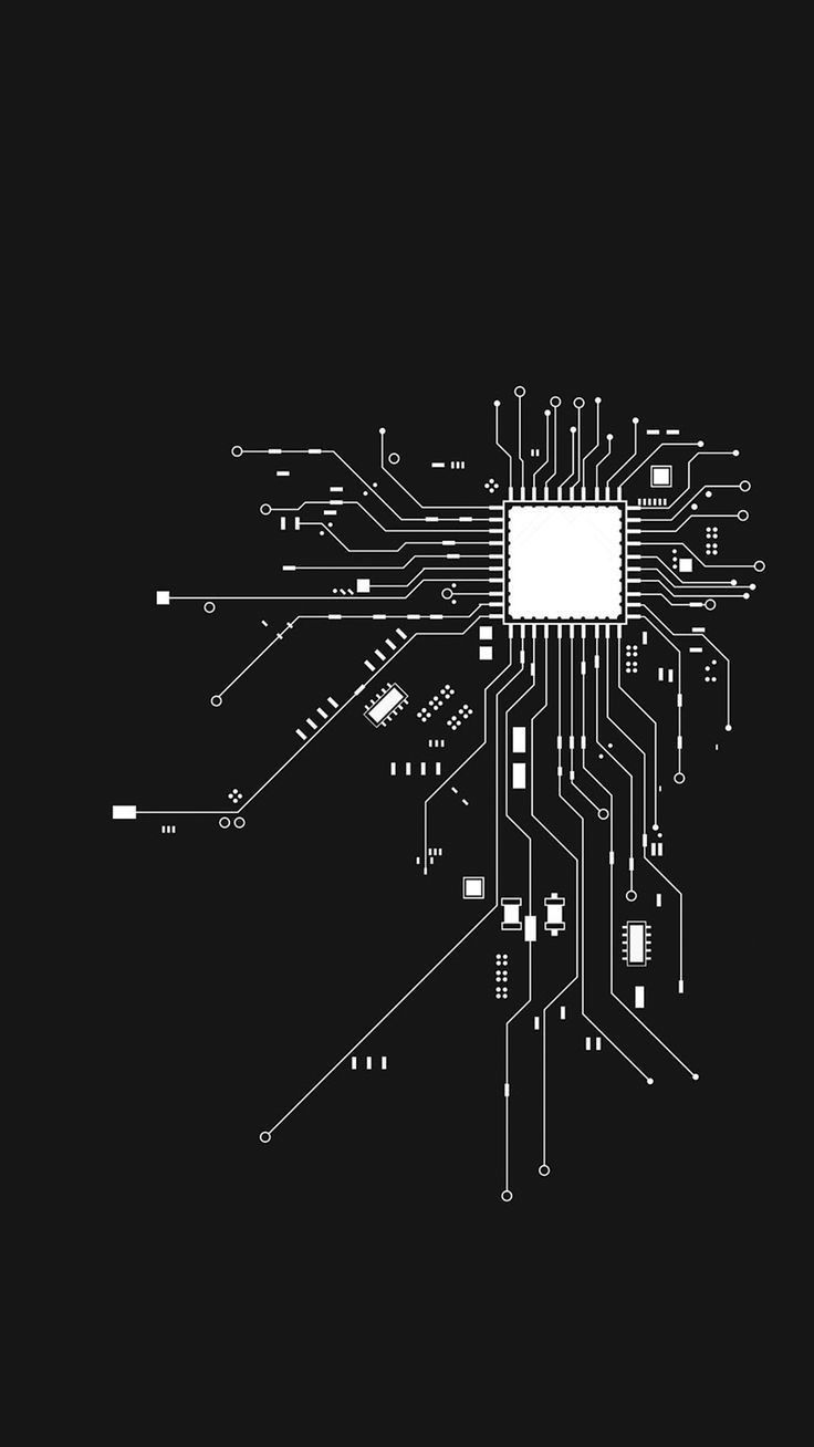 White circuit-board traces radiating from a single blank chip on a black field