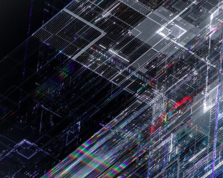 Glitched abstract digital infrastructure grid with bright white lines and spectral color bands