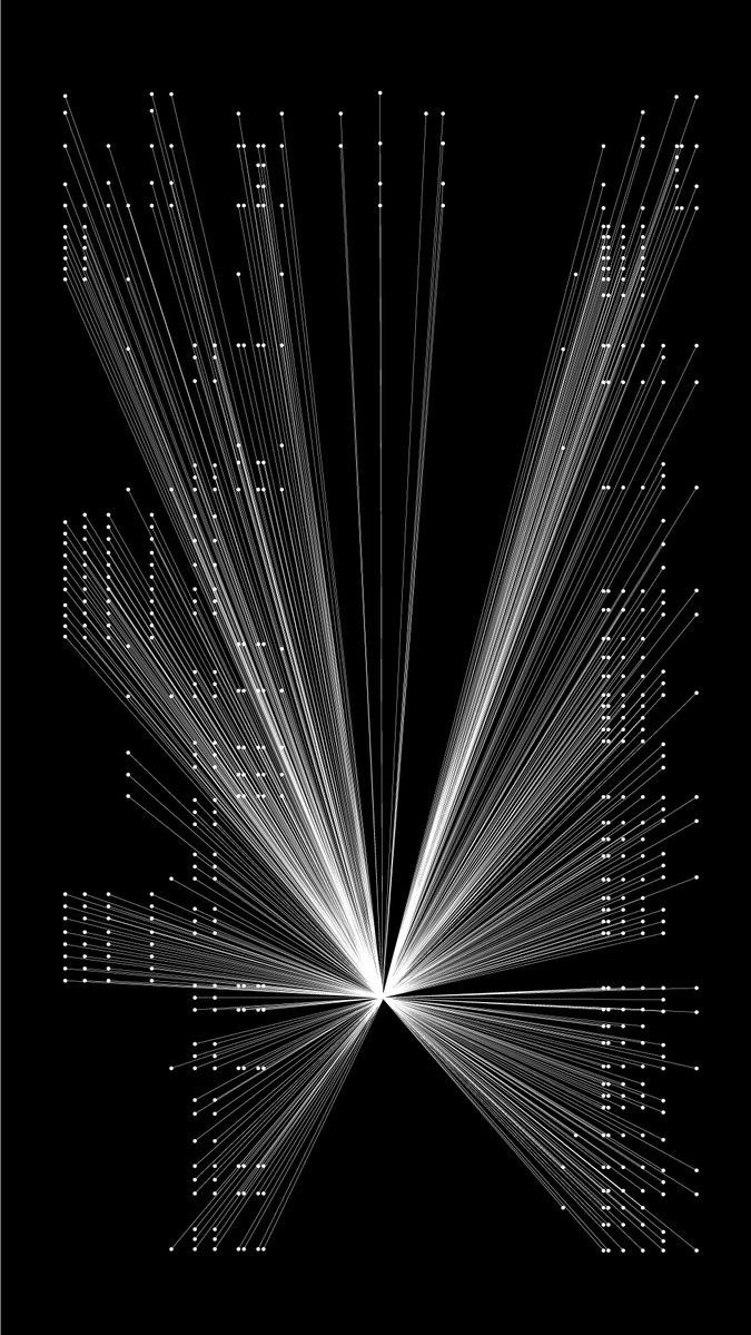 Thousands of white filaments converging on a single point against black, like a distribution collapsing