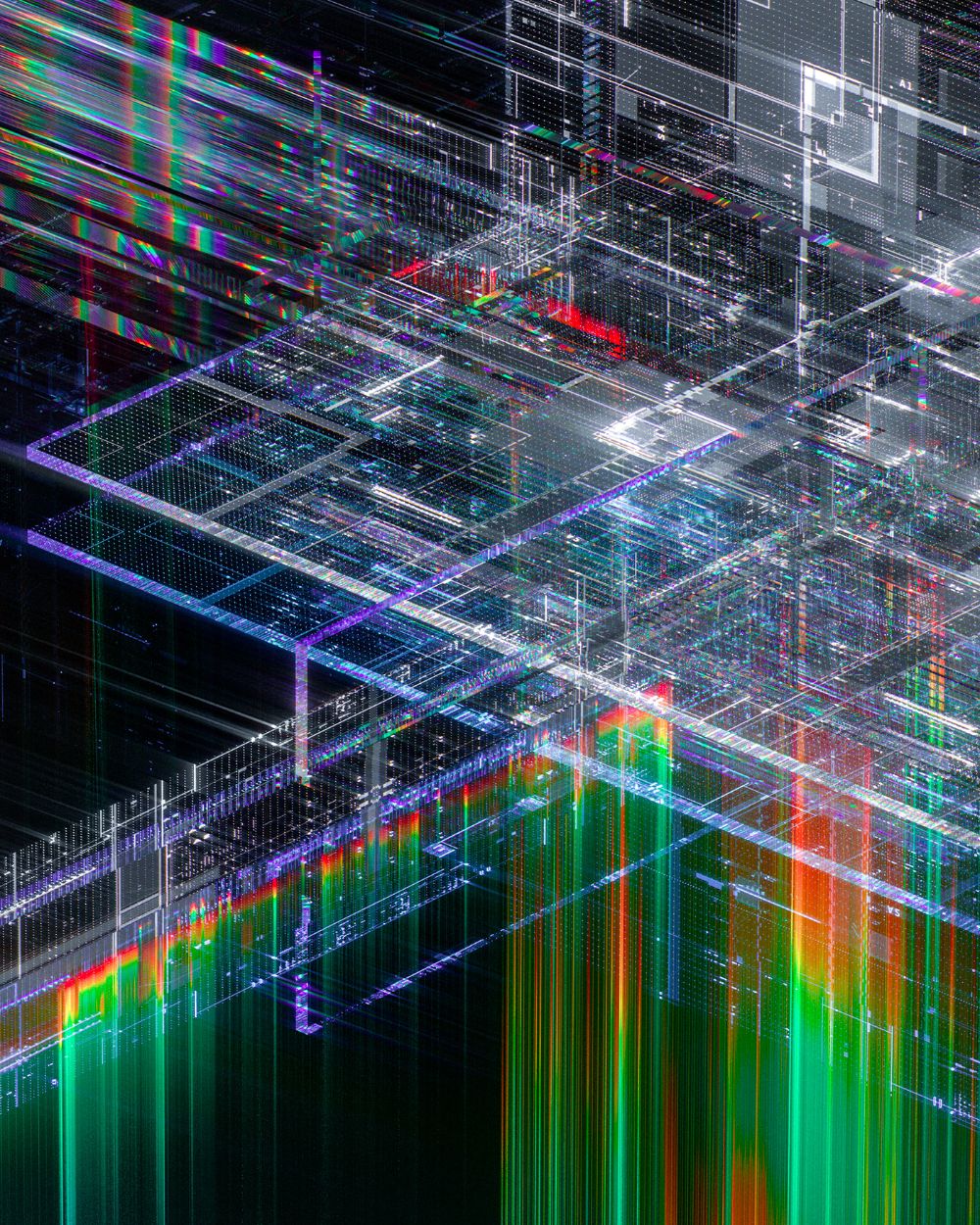 Glitched digital infrastructure grid with bright spectral bands and layered circuit-like planes